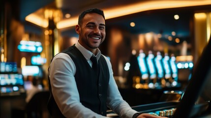 Casino employee greeting guests at entrance with polite smile, luxury backdrop,