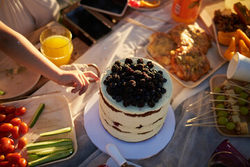 pallet with food in a park, holiday picnic