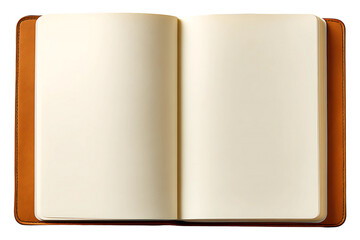 Open blank notebook with brown leather cover isolated on transparent background.
