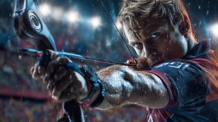 Obraz premium Intense focus and determination as the archer prepares to release the arrow. Capturing a moment of precise concentration during archery