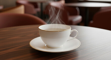 Obraz premium A steaming cup of hot coffee sits on a wooden table in a cafe, inviting warmth and relaxation