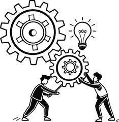 Businessman and business people with gears symbolize teamwork, innovation, and the intricate mechanisms of success in industry