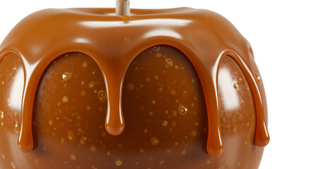 Macro shot of traditional toffee apple dripping with caramel , isolated on transparent background