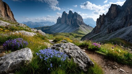 A stunning mountain range view with colorful wildflowers and rugged terrain. The image captures the majestic beauty of nature's grandeur with vibrant colors.