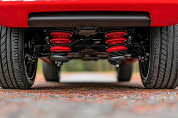 automotive repair with suspension system and performance tuning. Underbody view of a car with upgraded suspension, showcasing performance parts