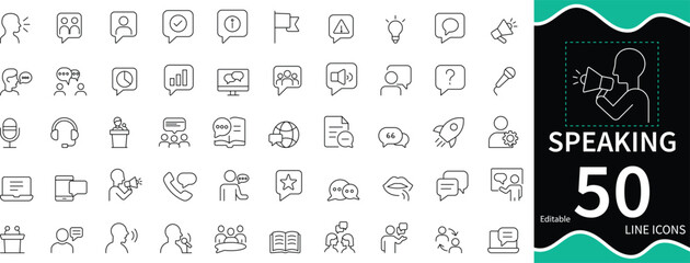 A clean line icon set featuring a person speaking, presenting, and communicating with clarity. Perfect for illustrating public speaking, dialogue, seminars, and verbal communication topics.