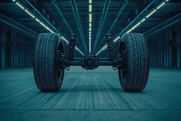 automotive repair with suspension system and performance tuning. Underbody view of a car with upgraded suspension, showcasing performance parts