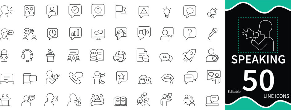 A clean line icon set featuring a person speaking, presenting, and communicating with clarity. Perfect for illustrating public speaking, dialogue, seminars, and verbal communication topics.