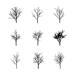 Obraz premium A grid of nine bare trees, silhouetted in black against a white background, showcasing different branch structures.
