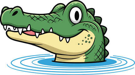 Cute cartoon crocodile head in water – smiling alligator mascot illustration with big eyes, sharp teeth, and playful reptile expression vector