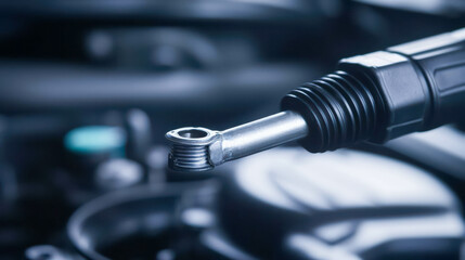 automotive repair with oil change and fuel efficiency. Close-up of an oil drain plug removal, automotive repair in action