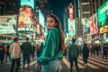Young woman in green hoodie at night in city neon lights. Neural network AI generated