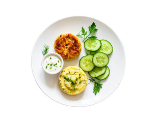 Fried Cutlets with Mashed Green Peas and Cucumber Slices on Plate Isolated on Transparent Background