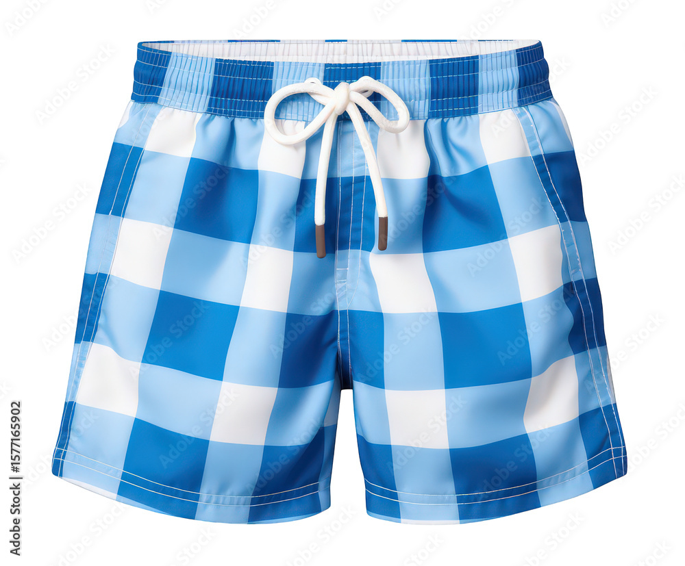 Fototapete presenting a pair of stylish blue and white checkered swim trunks, ideal for summertime fun and aqua