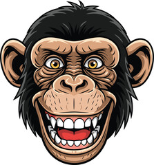 Aggressive cartoon chimpanzee face – wild monkey head illustration with sharp teeth, intense expression, bold vector animal mascot for sports or logos