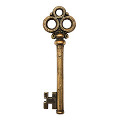 Ornate antique key, brass-colored, with a triple-looped head