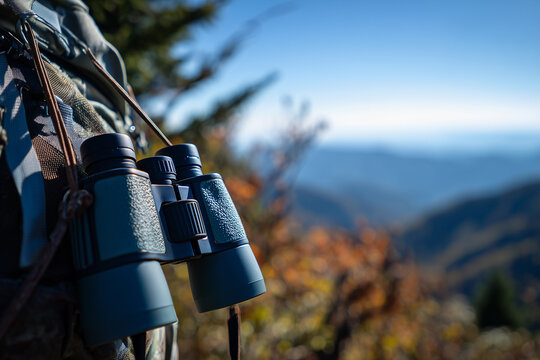 Hiker exploring mountain outdoors with binoculars for a closer look at nature in bright daylight