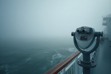 Exploring distant shores from the ship deck with optical instruments on a foggy day