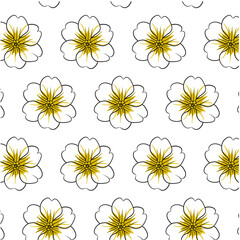 Obraz premium Primrose or Primula vulgaris flower Seamless Pattern Hand drawn vector line art, Black and Yellow Flower isolated in white. Beautiful design for textile, wallpaper, wrapping paper and backgrounds