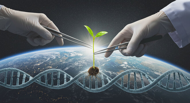 Hands holding tweezers over sprout with dna helix and earth background science and technology concept - Powered by Adobe