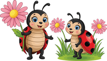 Cute cartoon ladybugs with flowers – happy ladybird characters in garden, smiling insects illustration, adorable bug art, spring kids design