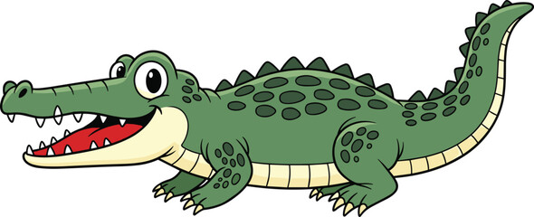 Cute cartoon crocodile smiling – funny baby alligator illustration with big eyes and sharp teeth, friendly reptile mascot for kids