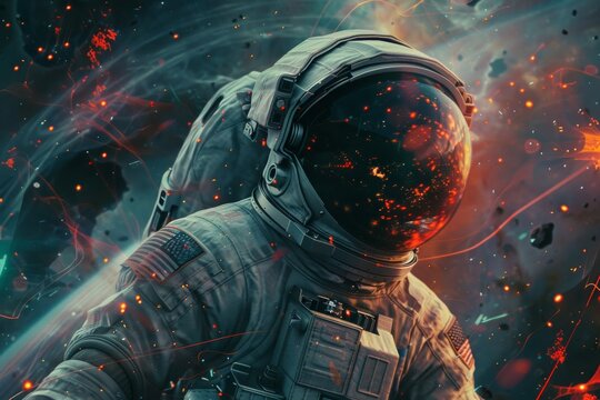 Portrait of Astronaut Posing in a Space Suit During a Spacewalk Mission on a Spaceship. Neural network ai generated