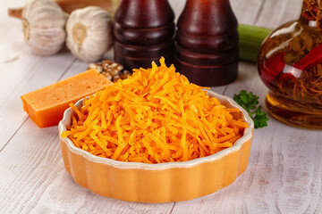 Yellow shredded cheddar cheese in the bowl
