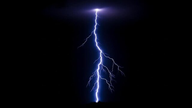 A single bolt of blue lightning strikes down against a dark, black background.