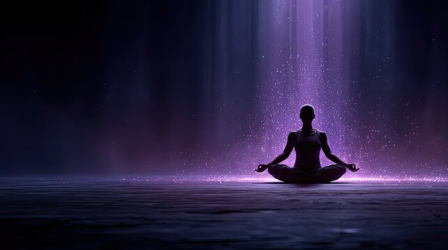 Purple yoga health poster with meditating silhouette and glowing background, wellness fitness design concept for ads