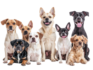 Set of cute dogs of different breeds sitting together isolated on transparent background PNG