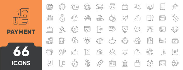 Payment Line Icon Set. Set of 66 outline icons including credit card, mobile pay, invoice, transaction, wallet, cash, and checkout. Editable stroke. Linear vector illustration.