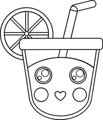 Fototapeta premium Simple outline of cup with straw and slice of lemon Vector illustration