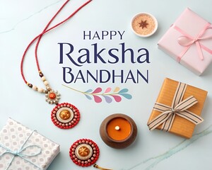 Raksha bandhan celebration with gifts and rakhi on a light blue surface