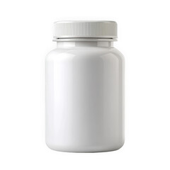 An isolated, white plastic container with a screw-on lid, commonly used for storing vitamins, supplements, or medications. Ideal for health-related product designs.