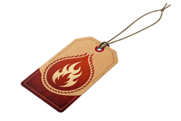Vintage kraft paper tag with fiery emblem and twine isolated on transparent background