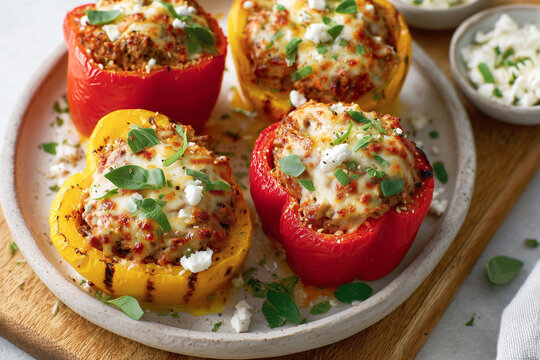 Four stuffed bell peppers with cheese and herbs on a white plate