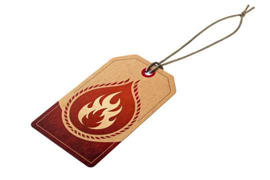Vintage kraft paper tag with fiery emblem and twine isolated on transparent background