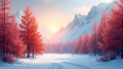 Winter Wonderland: A snow-covered landscape with pink trees and majestic mountains in the background, creating a serene and enchanting winter scene. 
