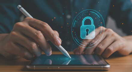 Person using stylus on tablet with digital padlock overlay for secure access and data protection