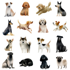 Watercolor dog collection isolated on transparent background.