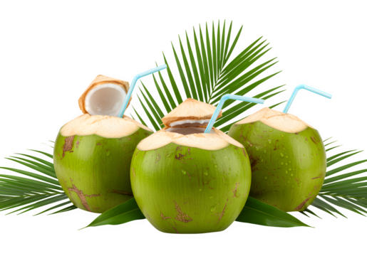 A fresh green coconut drink with a straw isolated on white or transparent background. PNG format.