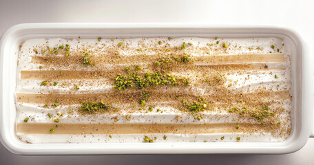 Delicious cream dessert or ice cream with nuts and syrup in a white container.