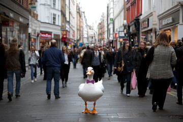 Duck in bowtie walks confidently down busy city street