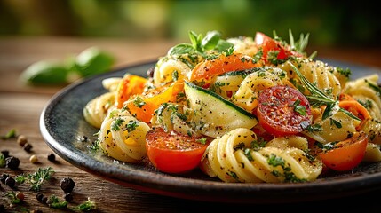 Pasta salad summer gathering with fresh vegetables and herbs on plate, picnic outdoor food styling concept for ads