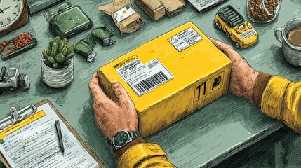 Parcel scanning home delivery illustration with barcode, shipping box, and courier hands for logistics, tech, and delivery ads