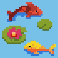 Pixel art koi fish carp icon. Vector 8 bit style illustration of japanese koi carp in pond. Japanese pair of carps decorative oriental elements of retro video game computer graphic.
