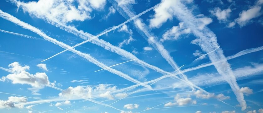 Airplane Contrails in the Sky Long white contrails left by airplanes against a blue sky. - Powered by Adobe