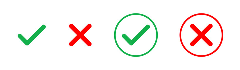 Checkmark and Cross marks Icons Set  for selection and rejection, Red and Green Tick and Cross icons Set