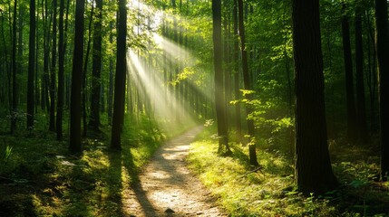 Obraz premium forest trail lit by sunbeams through trees, inviting and quiet